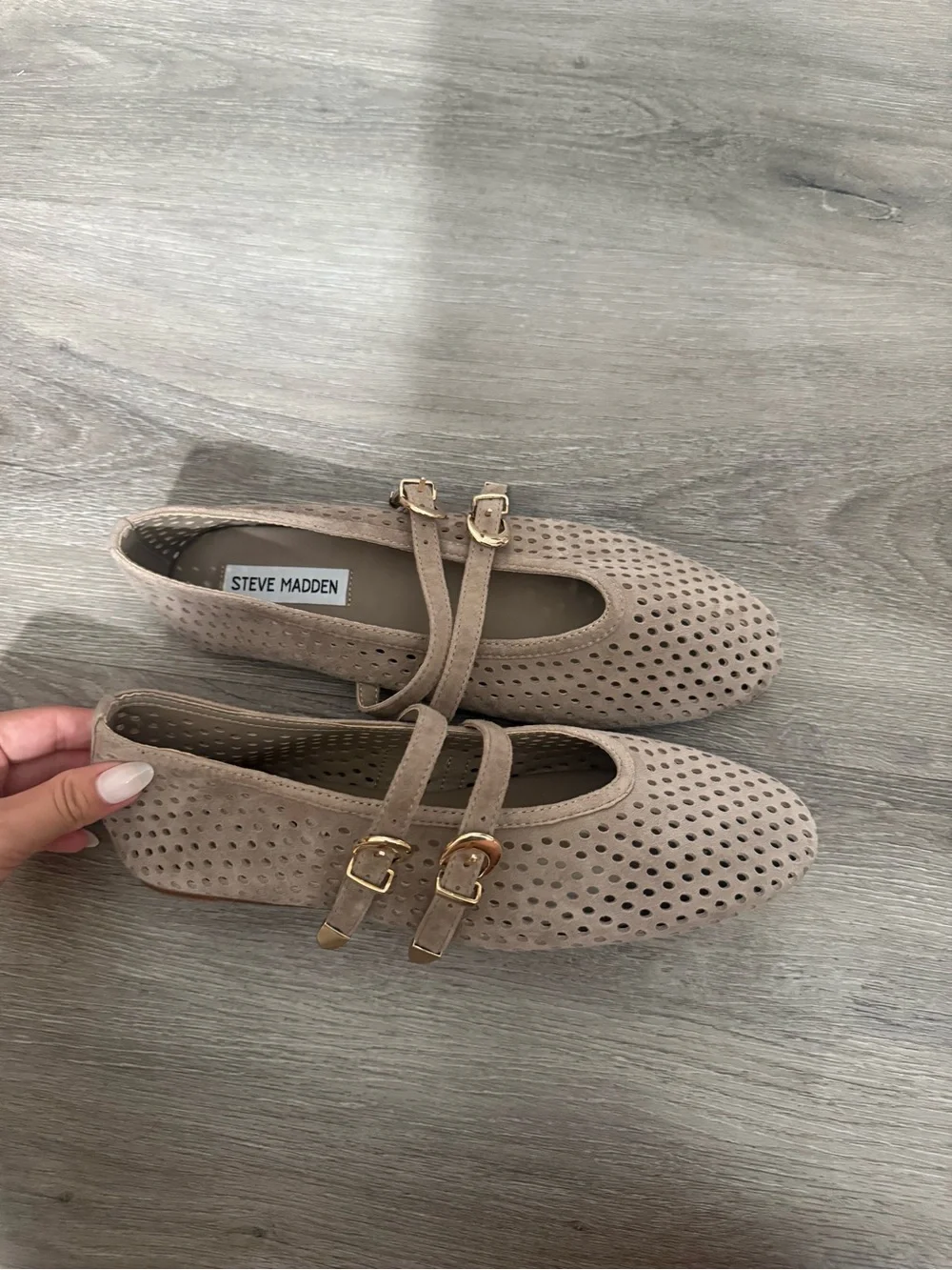 Steve Madden Taupe Perforated Double Buckle Flats